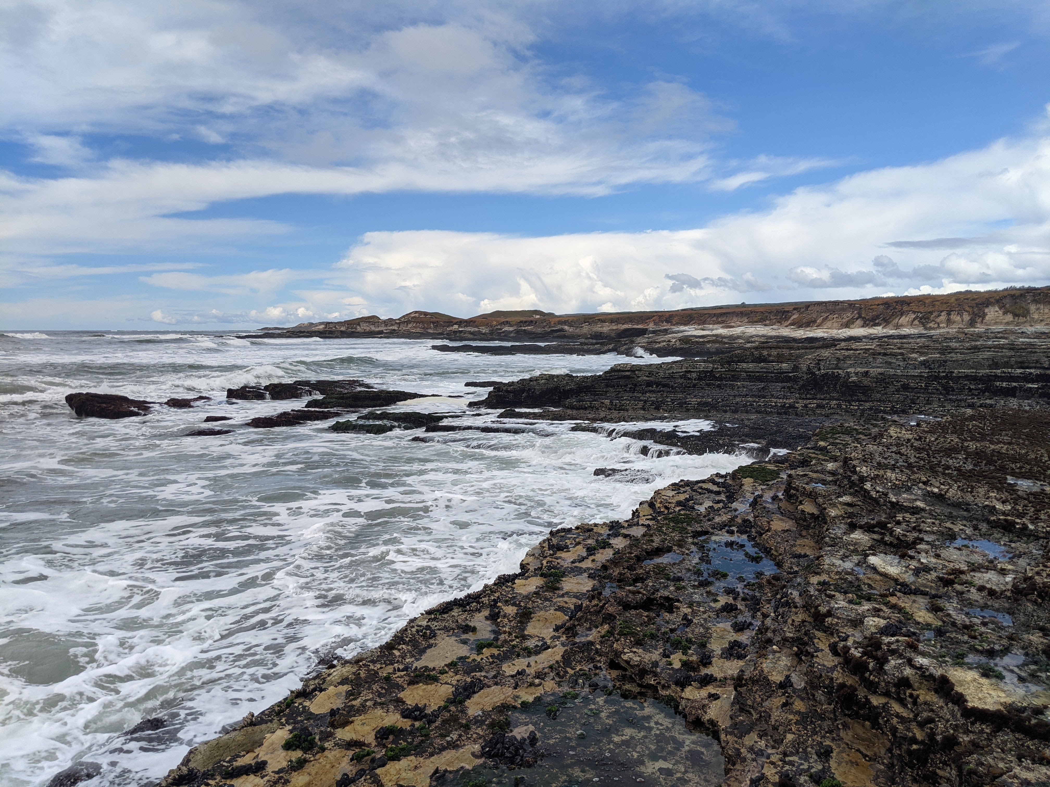A rocky intertidal zone next to a churning ocean and cloudy sky