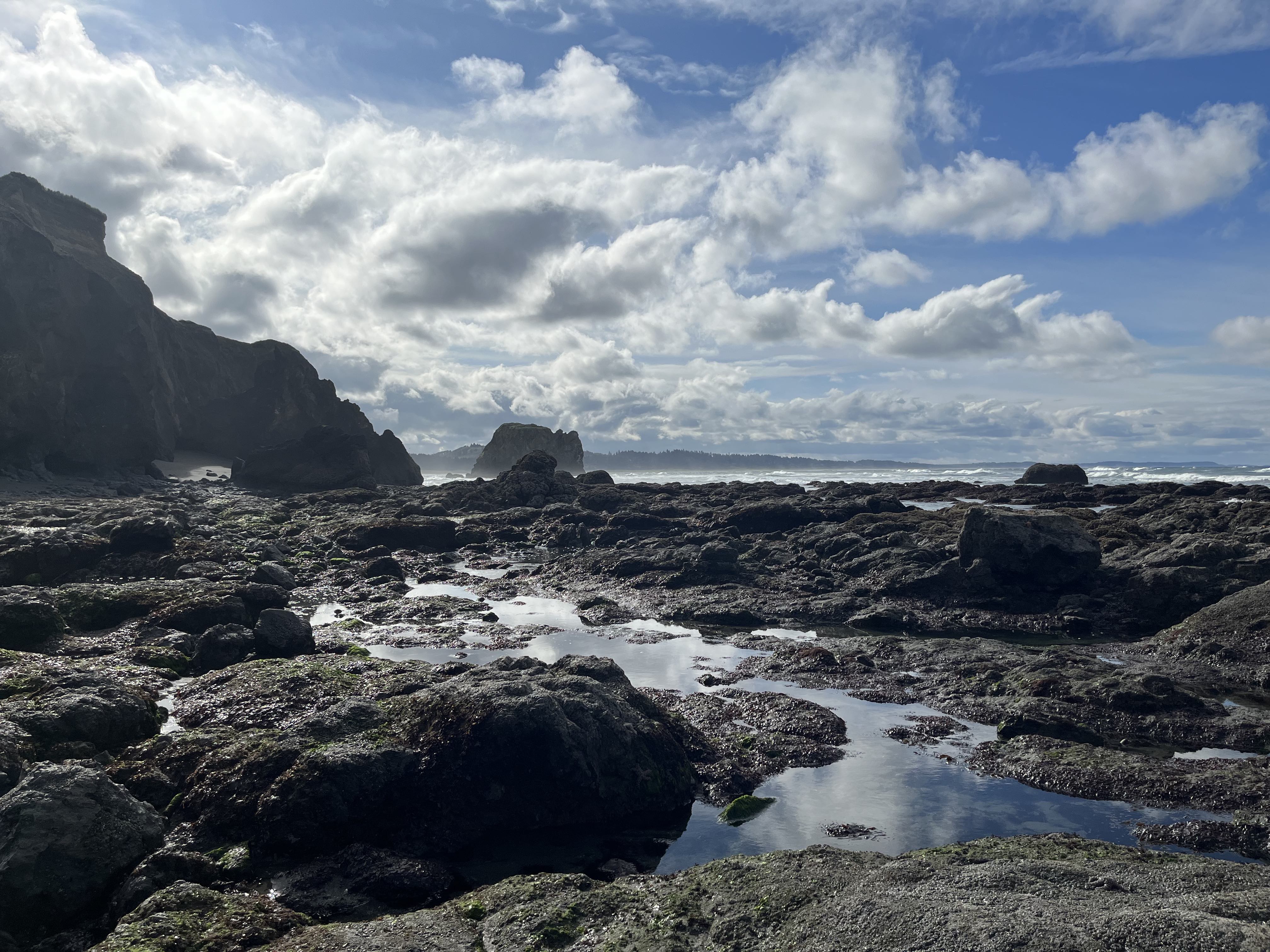 a rocky intertidal zone with clouds in the sky and sea stacks in the distance